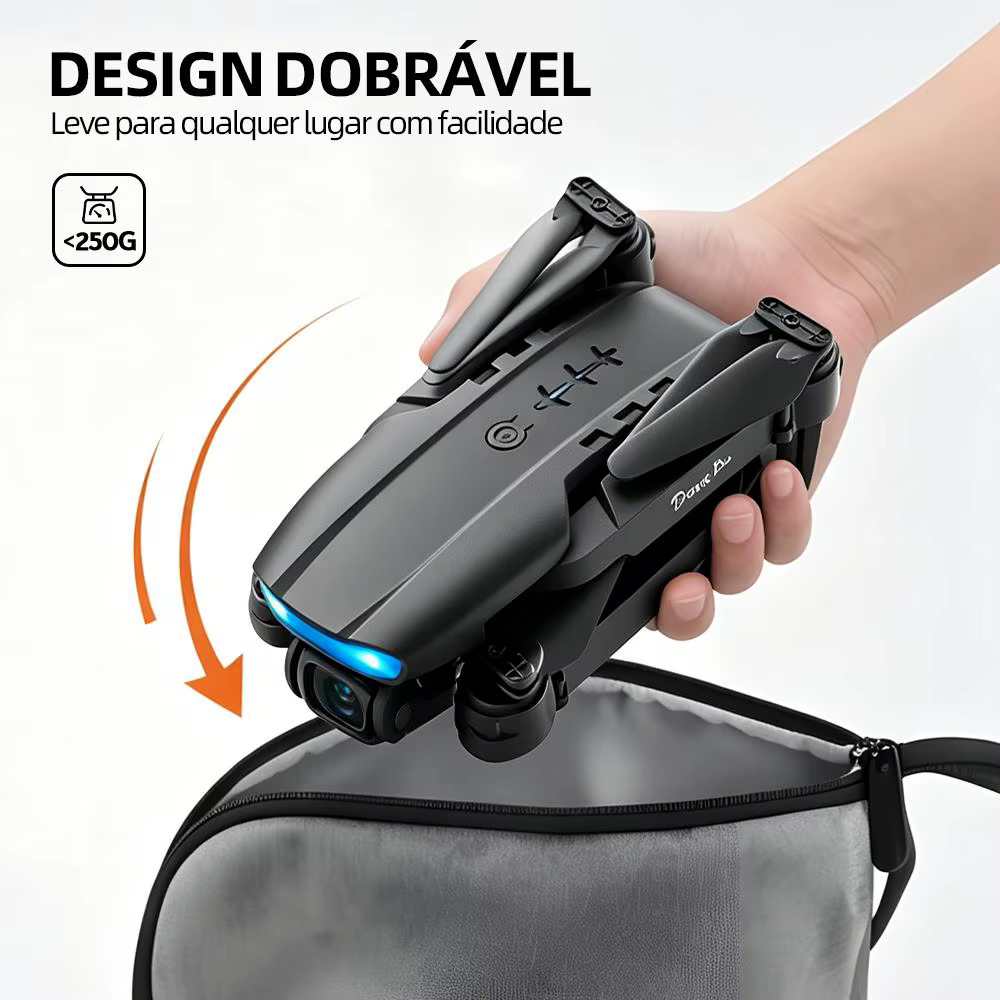 Drone preto dobrável em uma mão, mostrando o formato compacto