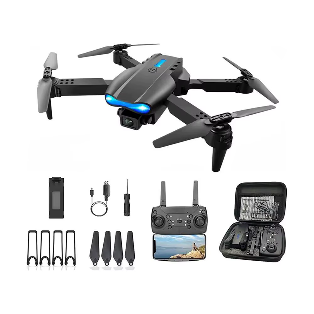 Drone preto dobrável em um conjunto fotografado sobre fundo claro